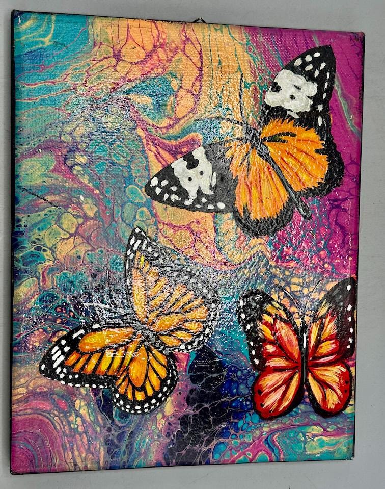【開運絵画】「水辺の虎と蝶」の油彩画　超絶技巧　L.Chen エルサルバドルのキャンバスに描かれた熱帯の蝶のオリジナル絵画