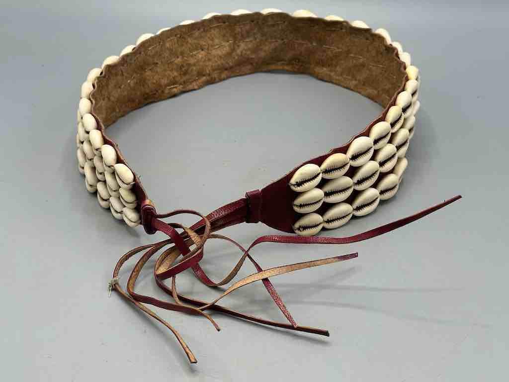 African Cowrie Shell Belt - Leather Tie, Cultural Waistband 