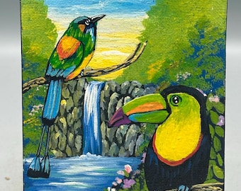 Origineel schilderij met kleine tropische vogels op canvas uit El Salvador