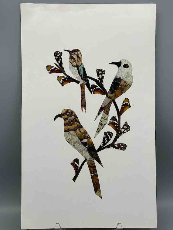 3羽の熱帯鳥のデザイン 本物の蝶の羽根 額装可能アート - 中央アフリカ 