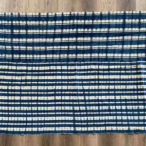 May include: Two pieces of indigo dyed fabric with a white striped pattern. The fabric has a fringed edge.