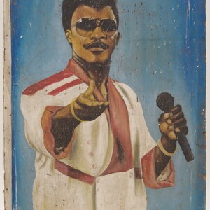 Cartel publicitario original y auténtico de arte africano vintage con diseño de artista comercial: músico - Ghana