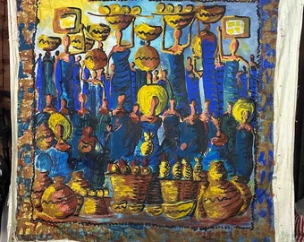 May include: A colorful painting depicting a market scene with people carrying baskets of fruit on their heads. The painting is done in a vibrant style with bold colors and brushstrokes. The background is a mix of brown and blue, with a hint of yellow.