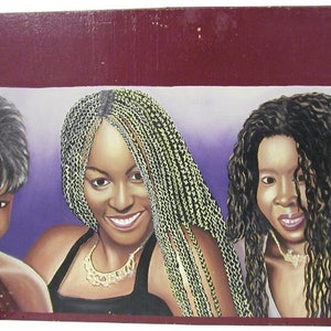Cartel original auténtico de arte vintage africano con tres cabezas para salón de belleza de Togo