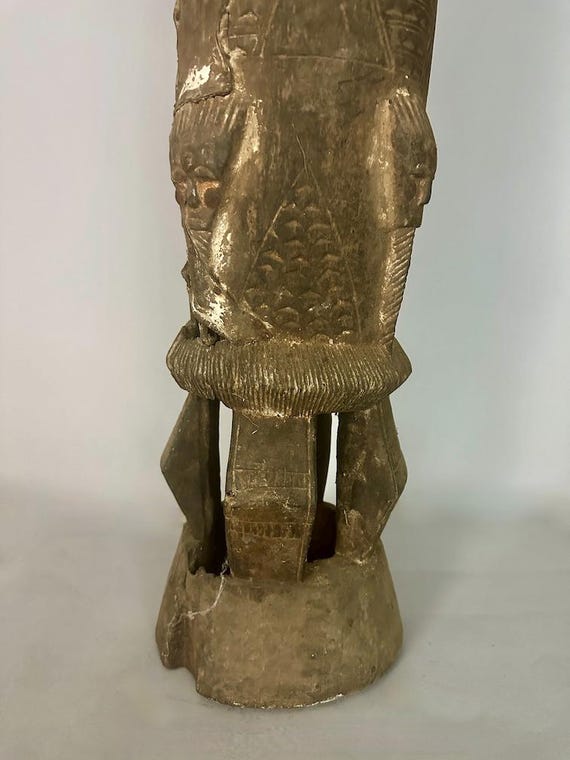 Vintage Tall Baule Mask-Adorned African Drum - Ivory Coast
