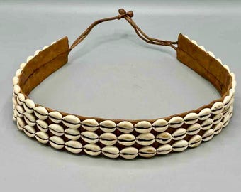 African Cultural Wide Real Cowrie Shell-Leather Black Ball & Loop Closure Belt