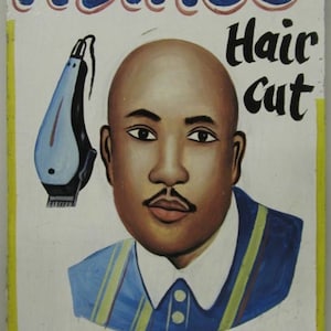 Original Authentic Vintage African art  Barber shop sandwich style sign from Ghana