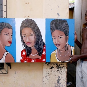 Cartel original auténtico de arte vintage africano con tres cabezas para salón de belleza de Togo