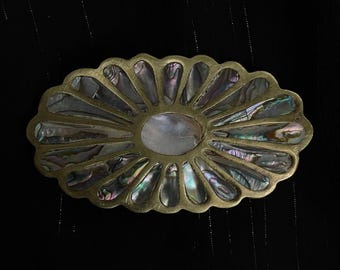 Vintage 1970's Brass and Abalone Shell Belt Buckle