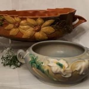 Vintage Roseville Pottery Cornucopia Shape Vase 184-6 Roseville Pottery Clematis Console Bowl Shape 458-10-Autumn Brown-Art Deco Collectors