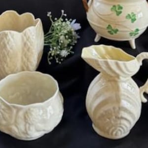 Vintage Belleek Variety Collection-Double Shell Cream Pitcher-Tulip Cone Shape Vase Pot Spill Vase-Scroll Vase w/Yellow-Green/Black Mark