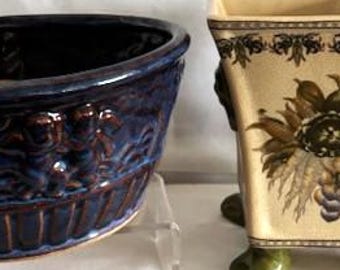 Vintage Chinoiserie Crackle Porcelain Glazed Jardiniere Pot w/Vegetable Motif-Round Large Glazed Majolica Jardiniere w/Raised Cherub Design