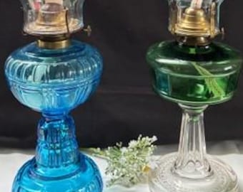 Vintage  Brevete L&B Tall Aqua Blue Glass Oil Lamp w/Eagle Burner-Green Glass Panel Clear Glass Pedestal Oil Lamp w/Queen Ann Brass Burner