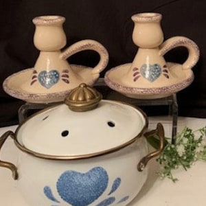 Vintage Pair Stoneware Country Style Candlesticks w/Strawberry-Metal Potpourri Pot-Pottery Pair Candlesticks w/Finger Holder-Country Decor