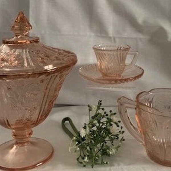 Vintage Pink Depression Glass Collection -Federal Glass Co Covered Candy Dish-Open Sugar Cherry Blossom/JEANNETTE-DIANA Demitasse Cup/Saucer