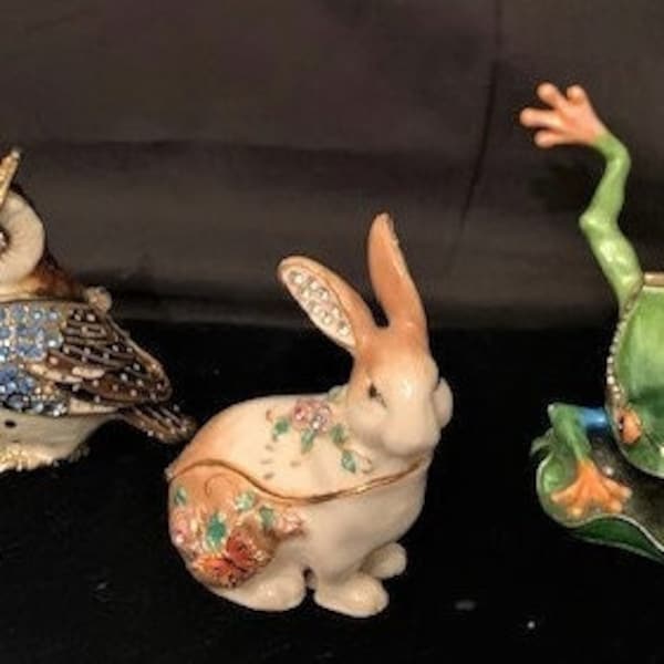 Vintage Kingspoint Design "KD" Trinket Box Collection Vivid Enamel Colors with Sparkling Swarovski Australian Crystal- Frog-Rabbit-Owl