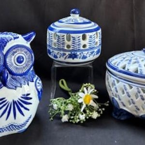 Vintage White and Blue Porcelain Collection Vases & Reticulated Oval Covered Box - Made in China
