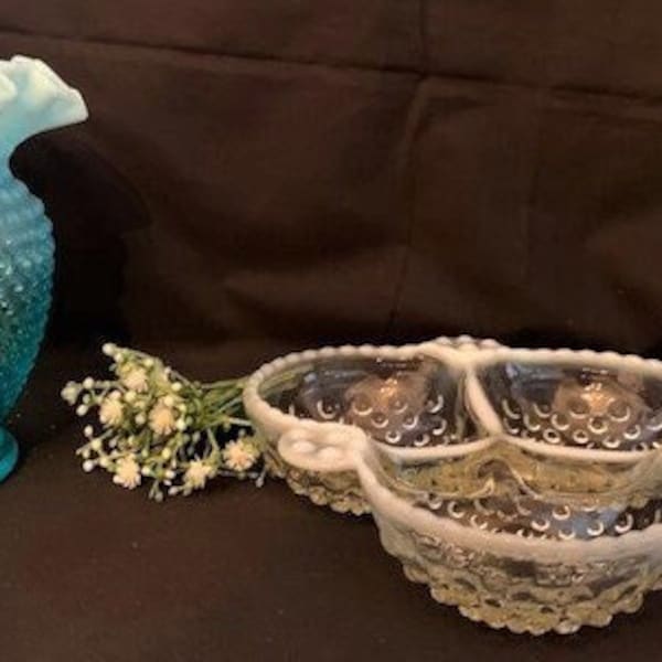 Vintage Fenton Blue Opalescent Hobnail Glass Vase with Ruffled Edges & Anchor Hocking Moonstone 3 Part Serving Bowl - Art Glass