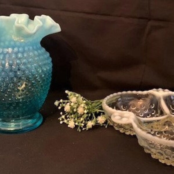 Vintage Fenton Blue Opalescent Hobnail Glass Vase with Ruffled Edges & Anchor Hocking Moonstone 3 Part Serving Bowl - Art Glass