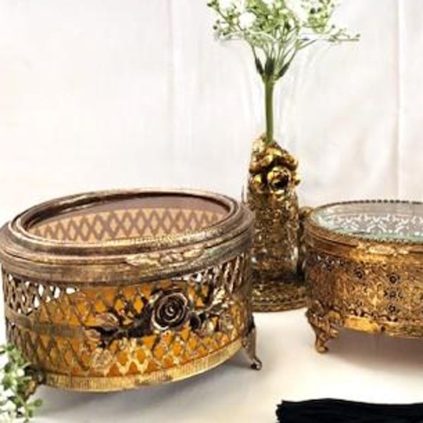 Vintage/Antique Ormolu Collection Vanity Round/Oval Shape Jewelry Box Casket- Art Deco Perfume Spray Atomizer-Ormolu Bud Vase-Collector