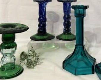 Vintage Pair Indiana Glass Teal Candlestick Holder-Pair Art Glass Handblown Candlestick/Vase w/Swirl Cobalt Blue-Green Glass -Elegant Decor