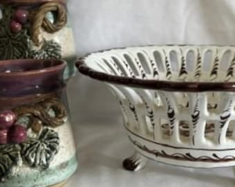 Vintage Hand Painted Reticulated Portuguese Ceramic Footed Fruit Bowl Basket -Pair Art Pottery Mugs- Art Pottery-Rare-Home Decor