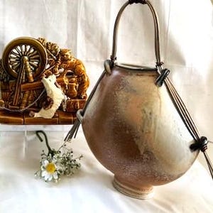 Vintage MCM McCoy Pottery Spinning Wheel Planter Vase-Dartmouth Devon England's Green Fish Vase- Stoneware Pottery Vase Purse Shape Vase