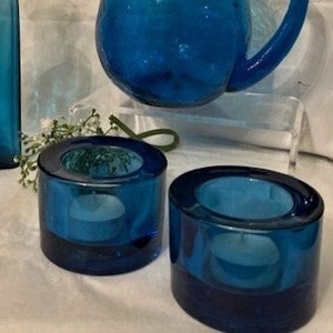 Vintage Blue Teal Crackle Glass Pitcher, Hand Blown Rectangular Bottle/Vase w/Bubble & Pair of Turquoise Blue Tealight Candle-Art Glass