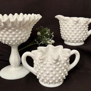 Vintage MCM Fenton&#39;s Milk Glass Hobnail Creamer Open Sugar Bowl Pie Shell Crimped Style-Pedestal Candy Dish Crimped Edge-Home Decor-Elegant