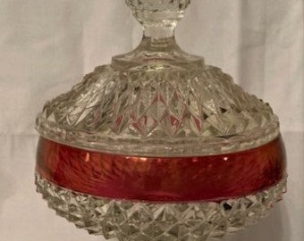 Vintage Indiana Glass Diamond Point Ruby Red Covered Candy  Dish -& Diamond Point Ruby Red Decanter - Art Deco- Home Decor