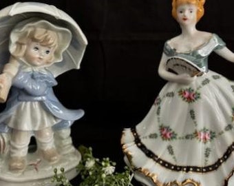 Vintage KPM Porcelain Figurine Girl White and Blue w/Polka Dot Umbrella-Cracker Barrel Victorian Southern Bell Figurine w/Fan-Home Decor