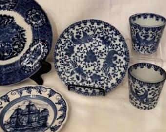 Vintage Hand Painted Dutch Delfts Blue & White Wall Plate Large Ship-Blue Transferware Design Plate-Phoenix Design Dessert-Custard Collector