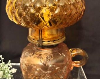 Vintage Variety Oil Lamps Collection-Pedestal Etched Glass-Amber Glass Finger Holder Oil Lamp w/Quilted-Lamplight Farms Clear-Farmhouse Déco