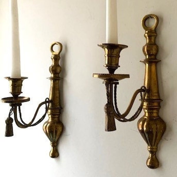 Vintage Pair of Solid Brass Wall Sconce Candlestick Holders Ornate Decorated with Tassels-Made in India
