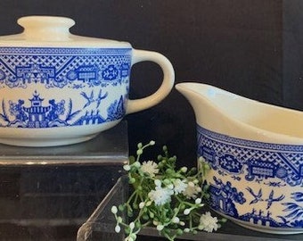 Vintage Blue and White Transferware Sugar Bowl w/Lid and Creamer Set Willow Ware Style-Farmhouse Decor