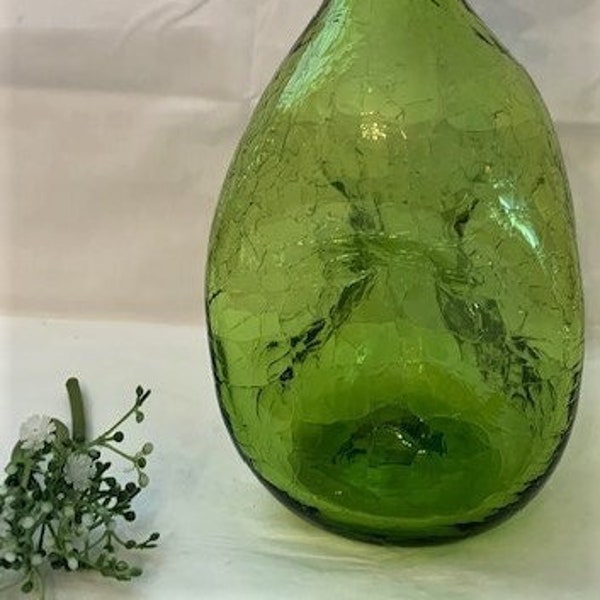 Vintage Blenko Crackle Glass Decanter, Hand Blown Pinch Green Crackle Glass -Jetson Topper - Windslow Anderson Decanter-Mid-Century Modern