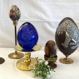 Vintage Egg Variety- Faberge Cobalt Blue Glass Egg w/Brass-Cloisonne Enamel Egg-Emu Egg w/ Hand-Carved Leopard-Wood Egg- Art Egg Decor-Rare