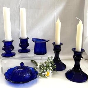 Vintage MCM-variatie stijl/maat kobaltblauw glazen kandelaar collectie-mini kinderboter/kaasschotel-vaas kleine hoed-verzamelobject-decor