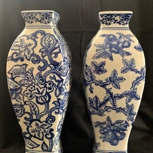 Vintage Traditional Asian Art Tall Blue and White Porcelain Vase with Flowers Motif Design & One with  Fruits and Leafs- Made in China