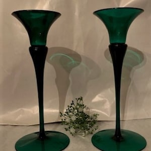 Vintage Pair of Oneida Hand Cut & Blown Lead Crystal Emerald Green Tall Stem Flair Rim Taper Candlestick Holder-Made in Korea