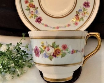 Vintage Colclough China Genuine Bone China Footed Teacup and Saucer Set - Floral Design Made in Longton England -Rare