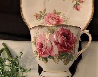 Vintage Royal Albert Bone China Footed Cup & Saucer Set "American Beauty" Pink Roses-Made in England