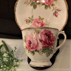 Vintage Royal Albert Bone China Footed Cup & Saucer Set &quot;American Beauty&quot; Pink Roses-Made in England