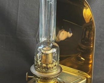 Vintage DHR Holland Brass Hurricane Lamp/Brass Lighting/Nautical/Marine-Antique Rare RR Brass Wall String Candlelight w/Glass Chimney Shade
