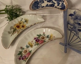 Vintage Andrea by Sadek Blue & White Fan Shape Trinket Dish-Antique Blue Willow Half Moon Trinket Dish-Mitterteich Half-Moon Germany