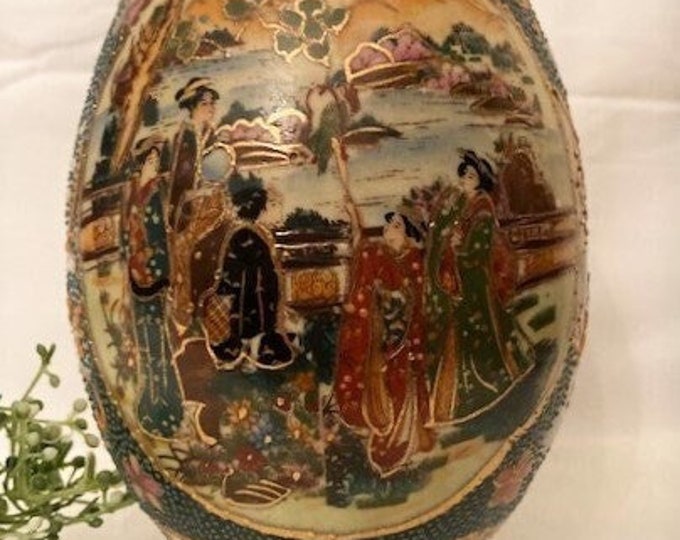 Vintage Satsuma Egg Large Porcelain Hand Painted on Wood Display Base