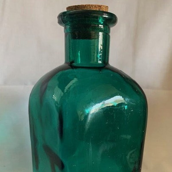 Vintage Cobalt Blue Square Optical Glass Jug Bottle and Green Square Glass Jug Bottle Apothecary Bottle- Hand Blown - Home Decor