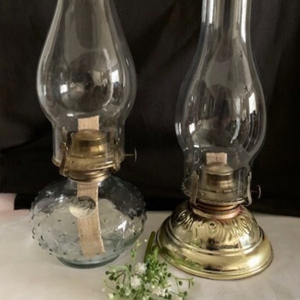 Vintage Lamplight Farm Glass Clear Hobnail Base Oil Lamp Design-Gold-Plated Metal Oil Lamp Base w/Clear Bubble Glass Chimney Shade-Farmhouse