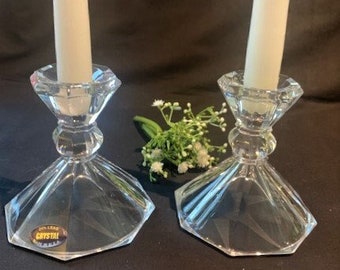 Vintage 24% Lead Crystal Candlestick Holders Crystal Octagon Shape Pair of Candlesticks - Made in USA