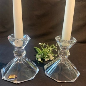Vintage 24% Lead Crystal Candlestick Holders Crystal Octagon Shape Pair of Candlesticks - Made in USA